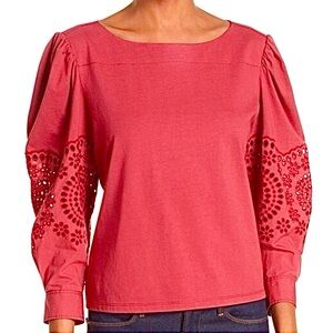 Rebecca Taylor La Vie Top Eyelet Sleeve Jersey Knit Puff Shoulder Cotton Red S